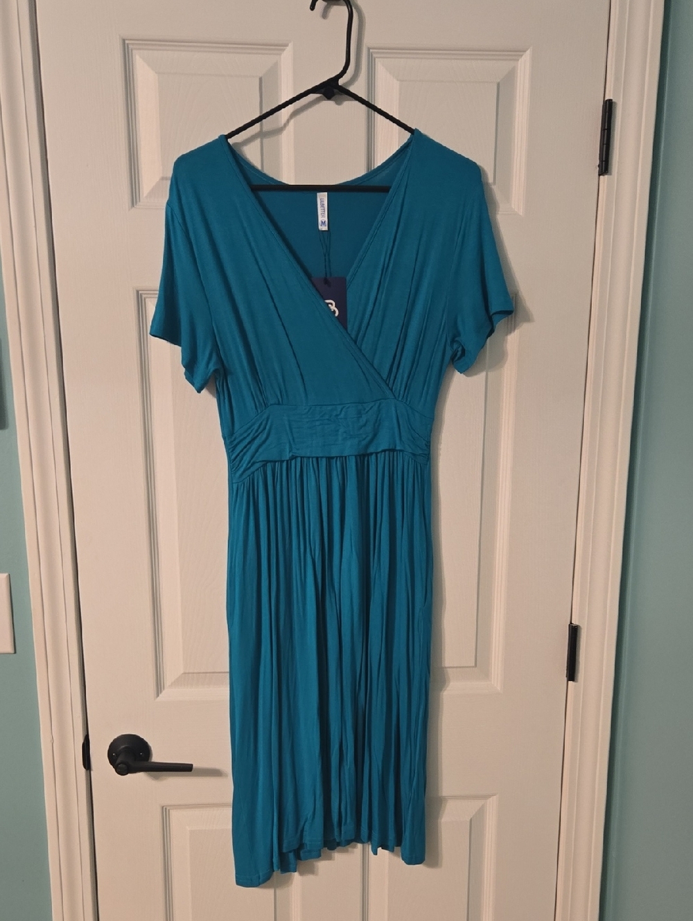 Classic Teal Faux-Wrap Midi Dress with Gathered Waist